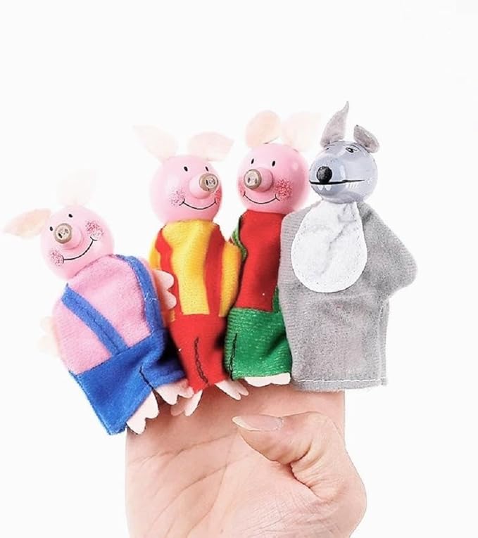 3 Little Pigs & Big Bad Wolf Finger Puppets, 4Pcs Educational Storytelling Finger Puppets Toy for Kids, Preschool & Party Favors