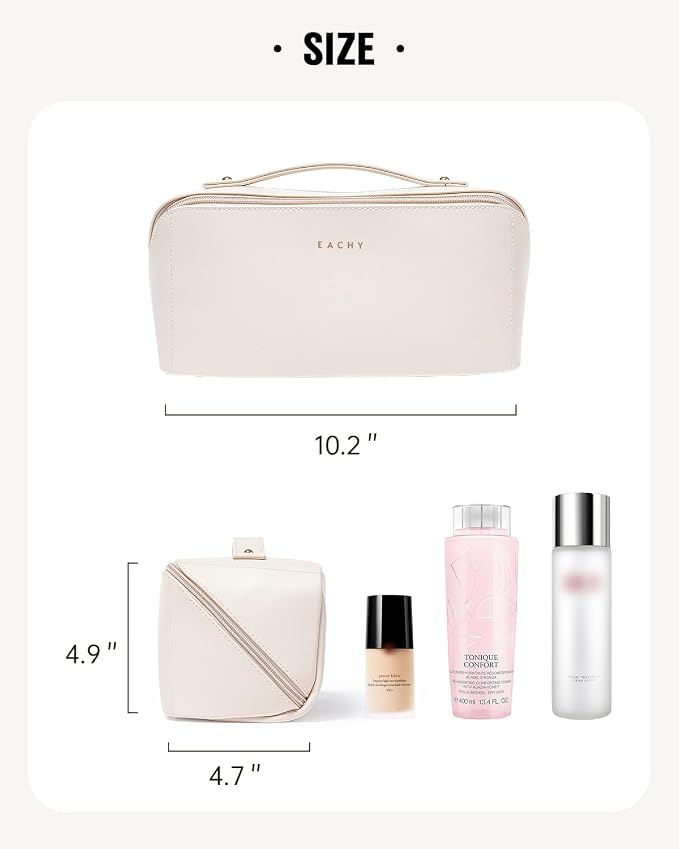 EACHY Travel Makeup Bag, Large Capacity Cosmetic Bag for Women, Waterproof PU Leather, Flat Open Portable Toiletry Bag for Skincare, Brushes & Travel Essentials