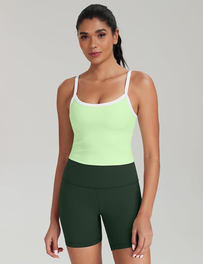 HeyNuts Vintage Color-Block Strappy Crop Tank Top for Womens, Cute Contrasting Trim Yoga Longline Sports Bras Padded A-D Cups
