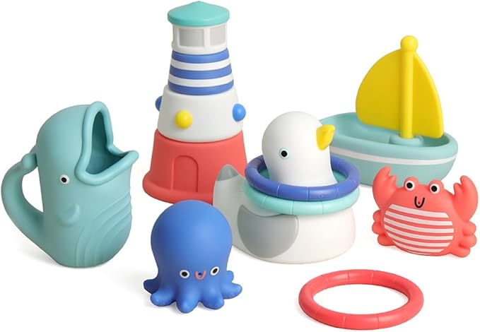 Itzy Ritzy Bathtime Gift Set – 12-Piece Baby Bath Toys for Infants & Toddlers – Stacking Lighthouse, Ring Toss, Scoop, Squirters & Sailboat – Develops Motor Skills & Teaches Cause & Effect (Nautical)