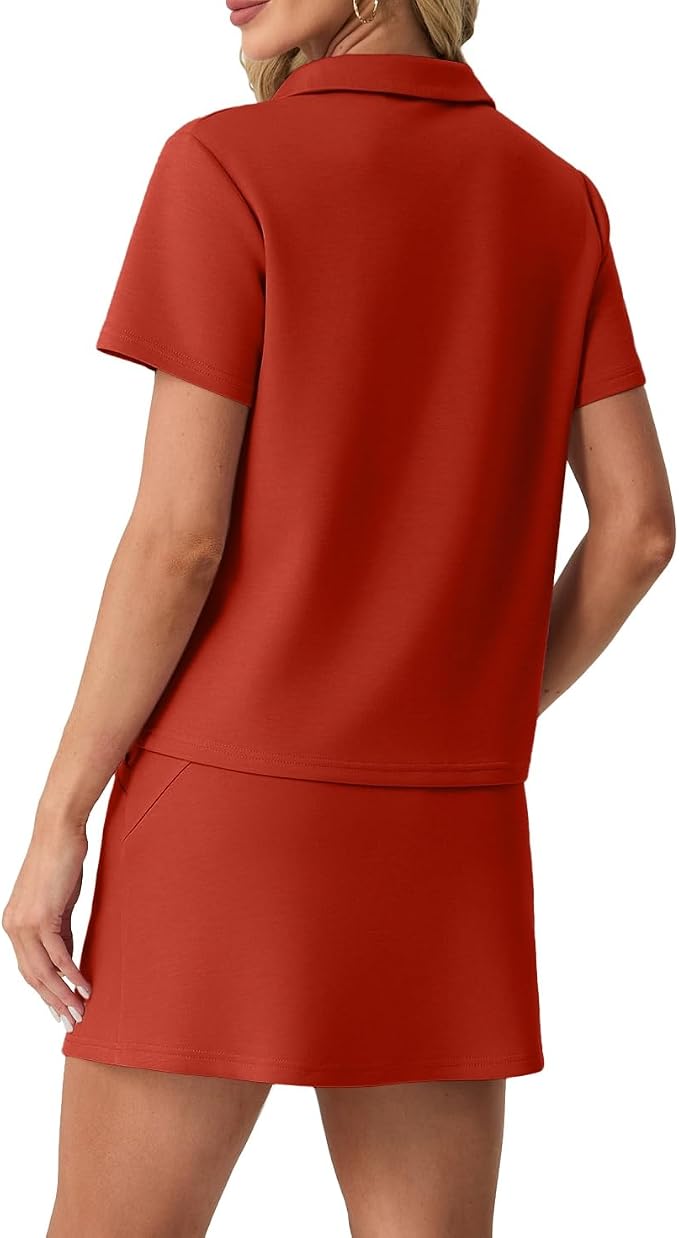 GRECERELLE Women's Summer 2 Piece Skort Set Half Zip Short Sleeve Top & Pocketed Tennis Skirt For Sports & Vacations.