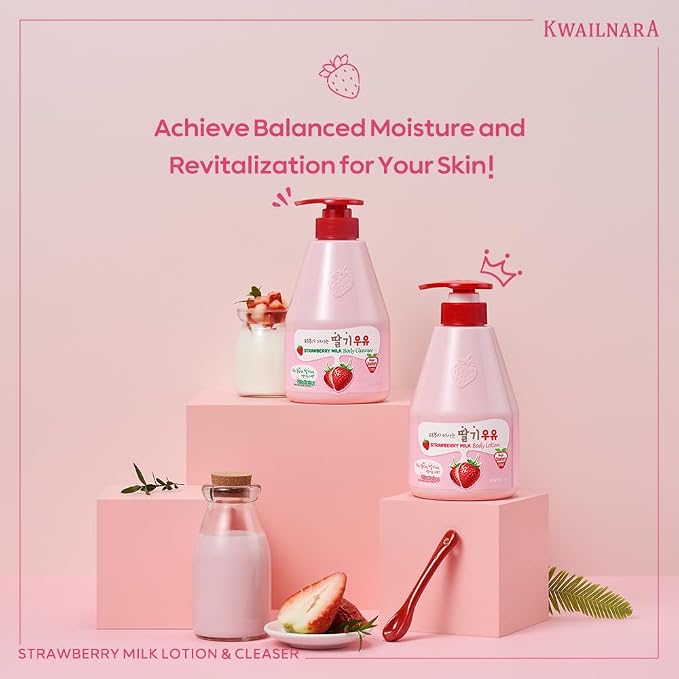Kwailnara Strawberry Milk Body Wash & Lotion Set (19.75 Oz Each) – 2-Piece Korean Skincare Duo for Hydrated & Smooth Skin | Milk Protein, Royal Jelly & Exfoliating Strawberry Extract | Paraben-Free
