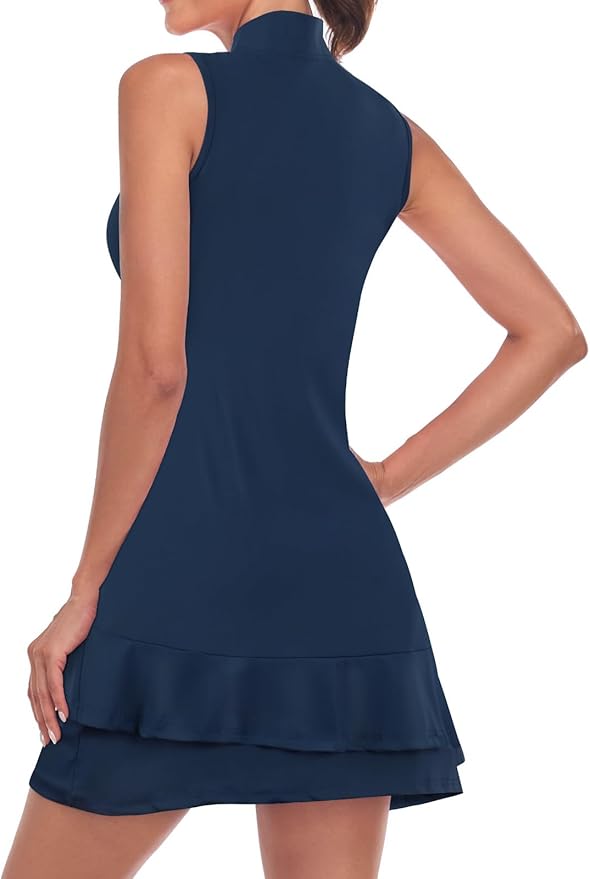 Viracy Tennis Dress for Women Sleeveless Golf Dresses with Shorts and Pockets Ruffle Zip Up Stand Collar Golf Outfits