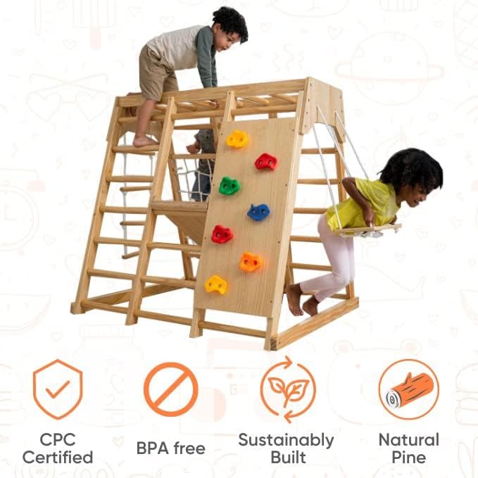 Avenlur Magnolia Indoor Playground 7-in-1 Jungle Gym Playset for Kids 2-6yrs - Slide, Climbing Wall, Rope Wall Climber, Monkey Bars, Swing - Waldorf and Montessori Style Wooden Climb Set.