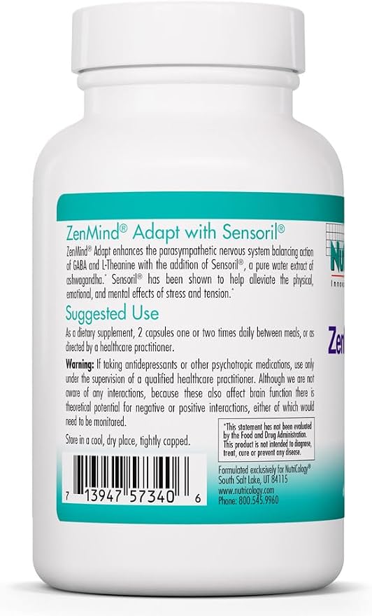 NutriCology ZenMind Adapt - 200 mg L-Theanine, 125 mg Ashwagandha & 550 mg GABA - Supports Stress Response and Calmness - Vegetarian Capsules - Hypoallergenic Formula - 30 Servings - 60 Capsules