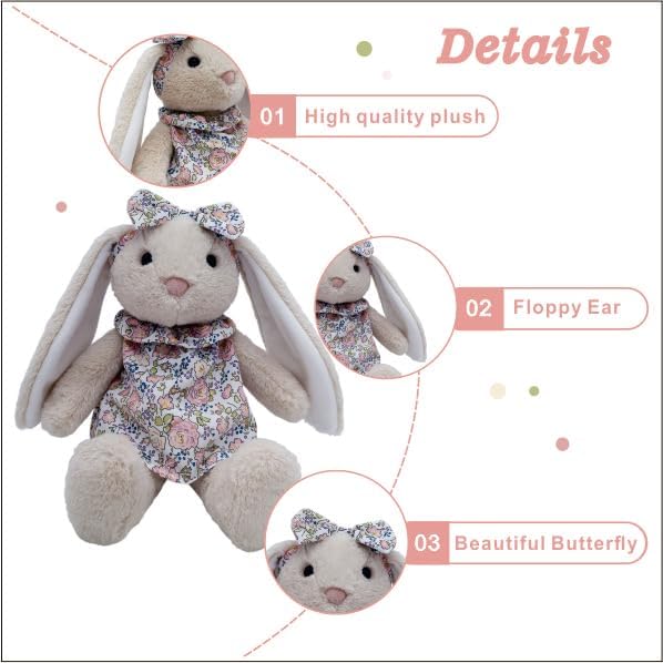 Easter Bunny Stuffed Animals with Clothes & Bow tie,Safe Material Soft Washable Stuffed Bunny,Cute Plush Toy Rabbit Easter Decoration Birthday Gift for Boys and Girls, White,9"