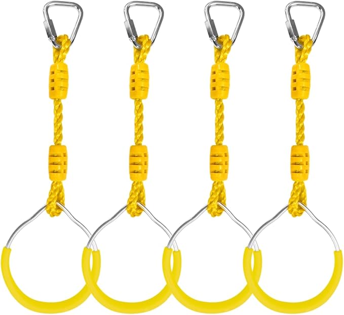 Swing Ninja Ring Indoor Outdoor Backyard PlaySet Fitness Gymnastic Training Equipment, 4 Pack Yellow Hanging Jungle Gym Fist Trapeze Monkey Bars Climbing Ring Ninja Warrior Obstacle Course Attachments