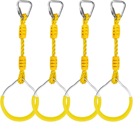 Swing Ninja Ring Indoor Outdoor Backyard PlaySet Fitness Gymnastic Training Equipment, 4 Pack Yellow Hanging Jungle Gym Fist Trapeze Monkey Bars Climbing Ring Ninja Warrior Obstacle Course Attachments