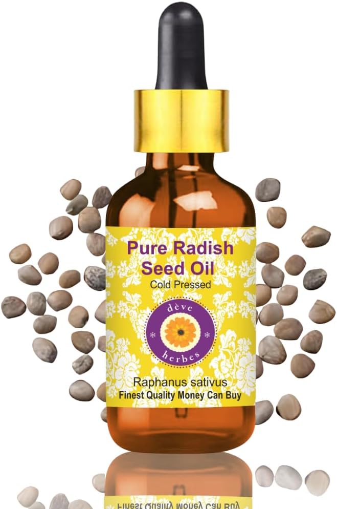 Deve Herbes Radish Seed Oil (Raphanus sativus) with Glass Dropper | Cold Pressed | Pure | Natural | For Diluting Essential oils | For Skin & Massage | Non-Sticky| Lightweight| Unisex | 30ml (1 oz)