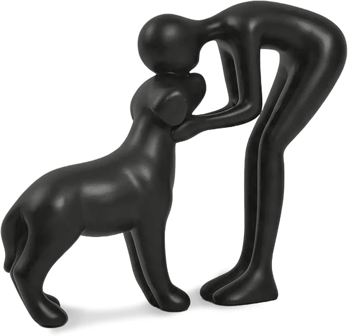 Abstract Person and Dog Sculpture Head-to-Head Figurine Black | abstract sculpture celebrating the bond between person and pet. Intimate head-to-head Touching memory keepsake for dog lovers