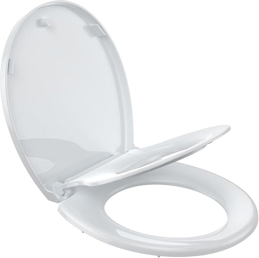Round Toilet Seat, Toilet Lid Slow Close Quiet No Thud, Magnets Down Lock Quick Release Full Flat Potty Training Toilet Seat with Child Toddler Seat White, 17" Bunk Cover