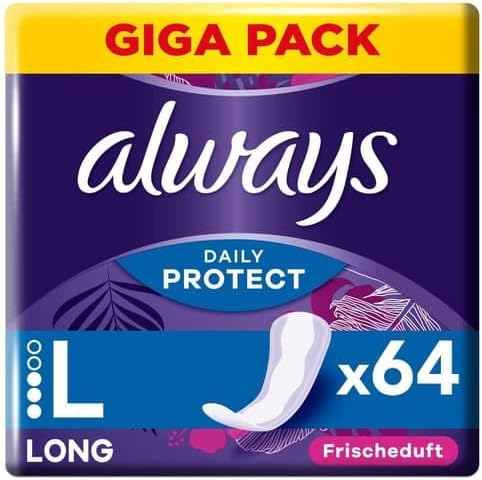 Always Daily Protect Women's Long Pantiliners (64 Pads), Gigapack, with Fresh Fragrance, Suitable for All Panty Shapes, Breathable, Flexible