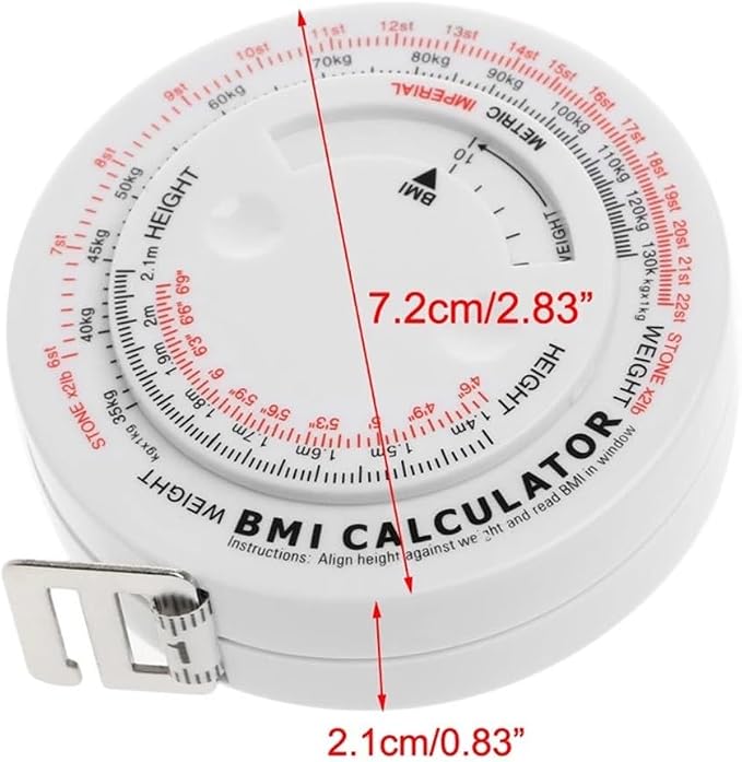 BMI Body Mass Index Retractable Tape Measure 150cm/59in, Push-Button Locking Diet Tool for Waist Hip Chest Thigh Calorie Tracking, White