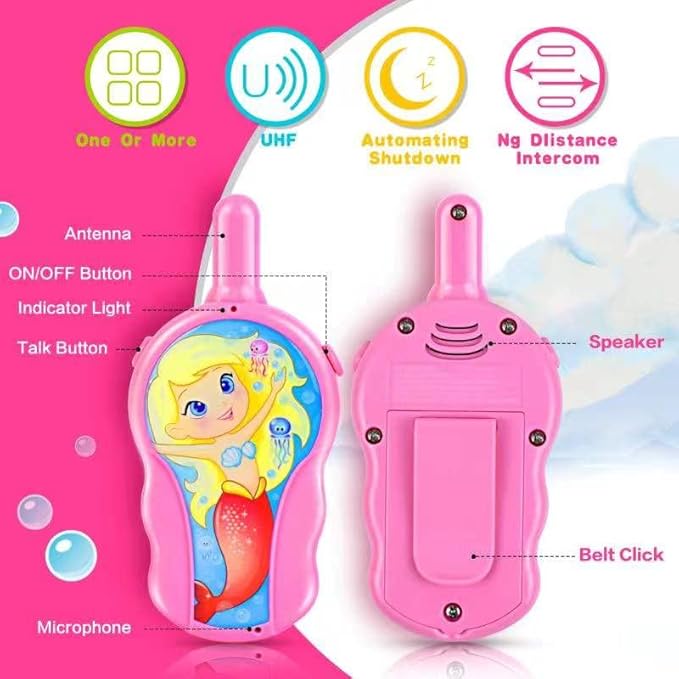 Walkie Talkies for Kids, Toys for 3 4 5 6 7 Year Old Girls Boys, Long Range Walkie Talkies for Toddlers, Mini Pink Cute Mermaid Christmas Birthday Easter Gifts Indoor Outside Games (2 Pack)