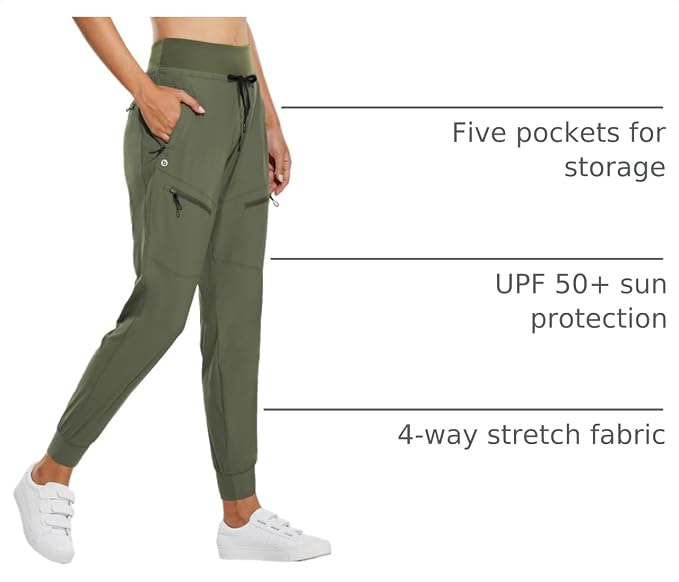 baleaf Womens Lightweight Hiking Pants Water Resistant Quick Dry Joggers with 5 Zipper Pockets UPF 50+ for Travel Hiking