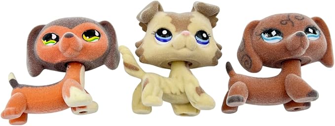 3pcs/Set Custom Flocked Pet Shop Toys Short Hair Cat Kitten Collie Great Dane Cocker Spaniel Dachshund Puppy Dog OOAK Compatible with LPS (#675 and 2210 and 640)