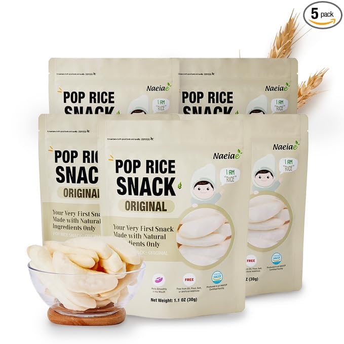 Naeiae Pop Rice Baby Snack, 100% Korean Rice, Air-Popped, 6M+ (Pack of 5) | Organic Rice Puffs for Babies & Toddlers 6+ Months | Oil/Sugar-Free, Just Rice | Clean Ingredients | Teether Cracker Food