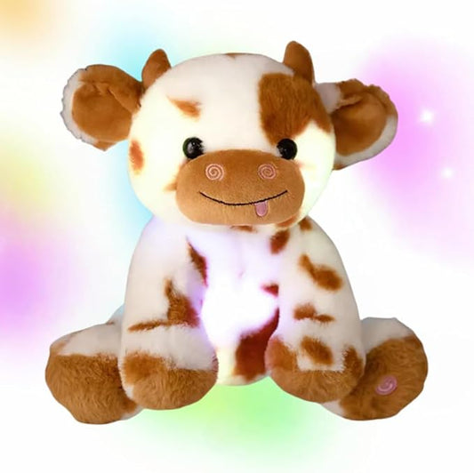 7.9" Light-Up Plush Cow Toy, Soft Brown & White Glowing Cow Stuffed Animal, Night Companion for Kids, Cute Bedroom Decor, Birthday for Boys Girls Friends