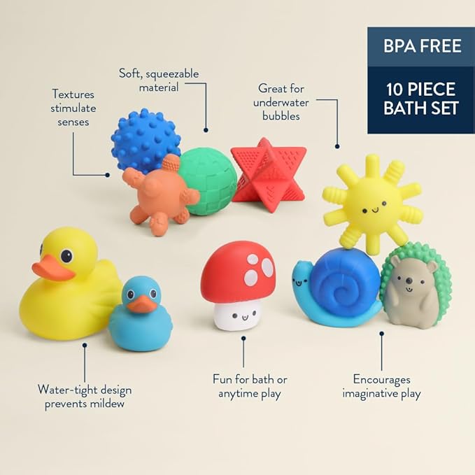 Itzy Ritzy 10-Piece Water Bath Toys Gift Set – Soft, Squeezable Multicolor Sensory Toy Set for Motor Skills, Imaginative Play, and Fun Bathtime Activities