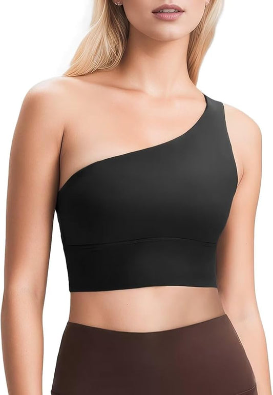 Queenie Ke Womens One Shoulder Sports Bra Left Side Strap Yoga Bras Gym Training Workout Crop Tops