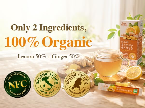 [14 Sticks] Organic 100% Pure NFC Lemon Ginger Juice Sticks – 15g Each – Balanced 50/50 Blend, Cold Pressed, Non-GMO, No Sugar Added