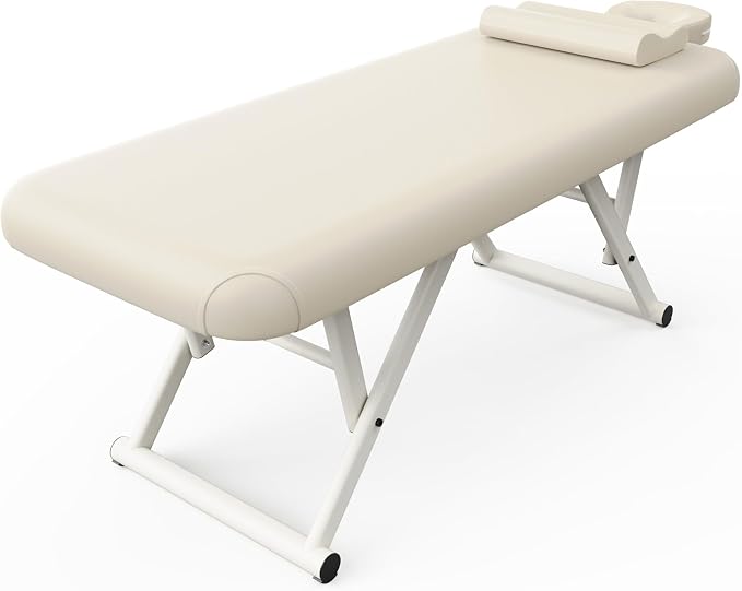 pouseayar Adjustable Massage Table with Face Pillow & Headrest, Sturdy and Solid, Silent and Easy to Adjust for Treatment Table Physical Therapy Table Spa Facial Bed - Fixed Backrest, Beige Gray