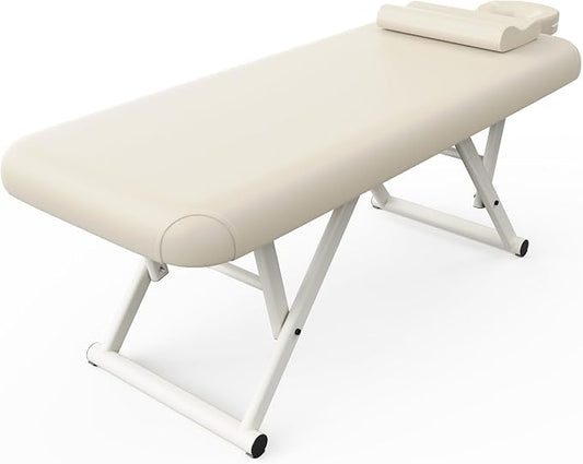 pouseayar Adjustable Massage Table with Face Pillow & Headrest, Sturdy and Solid, Silent and Easy to Adjust for Treatment Table Physical Therapy Table Spa Facial Bed - Fixed Backrest, Beige Gray