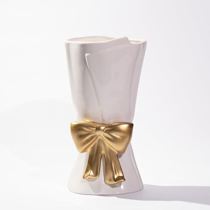 Relexome Fully Glazed White Ceramic Gold Bow Vase 9.64 in Unique Cute Modern Decorative Bouquet Flower Vases for Home Living Room Table Mother's Day Decor Women Gifts