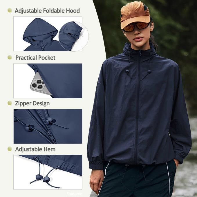 Yousify Womens Waterproof Rain Jackets Lightweight Zip Up Raincoat Outdoor Hiking Hooded Windbreaker with Pocket