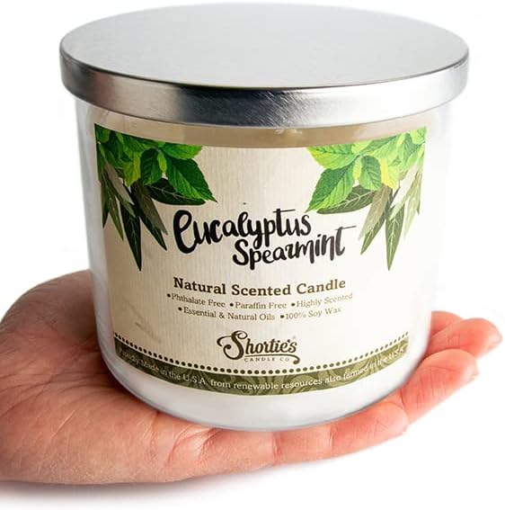 Eucalyptus Spearmint Scented Natural 3 Wick Candle, Essential Fragrance Oils, 100% Soy, Phthalate & Paraben Free, Clean Burning, 14.5 Oz.