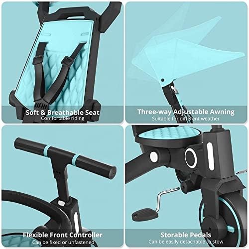 Trixplorer 7-in-1 Tricycle for Toddlers, Removable Push Handle, 360° Rotating Seat, Adjustable Canopy, Safety Harness, Storage, Basket, Folding Toddler Tricycle for 1-5 Year Old (Sky/Blue)