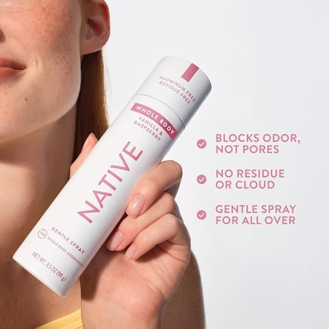 Native Whole Body Deodorant Spray for Women, 72 hour Aluminum free Deodorant Spray, Vanilla & Raspberry, 3.5oz with Westside Dispenser Pump