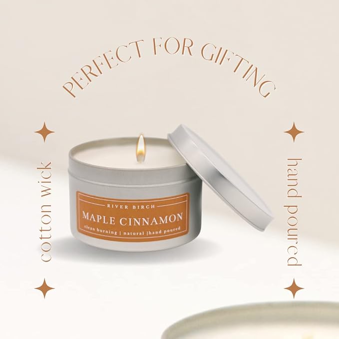 River Birch Candles Maple Cinnamon Scented Candle | Premium, All-Natural, Non-Toxic, Soy Candles | 8 oz. Silver Tin Travel Candle | Cozy Relaxing Gifts for Home
