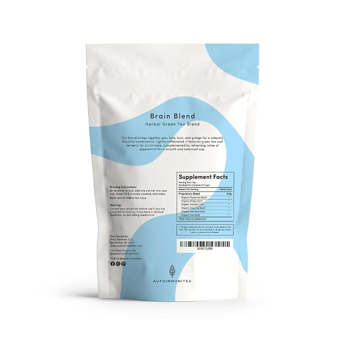 Organic Peppermint Brain Fog Tea Loose Leaf Tea Bags – Focus Tea, Ginkgo Biloba Tea, Ginko Biloba, Gotu Kola, Adaptogen Tea, Brain Fog Relief, Caffeine Free AIP Paleo Herbal Blend, 15 Count