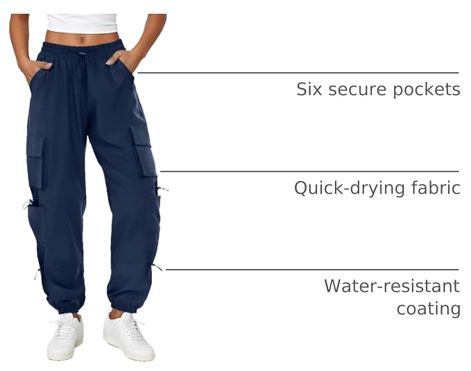 COPYLEAF Womens Parachute Cargo Pants with Pockets Quick Dry Hiking Pants Lightweight Water-Resistant Baggy Joggers