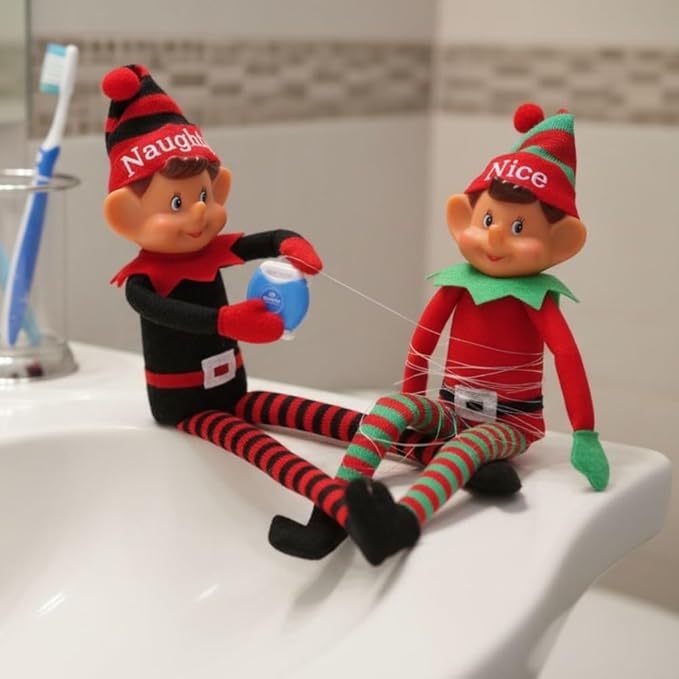 Toyland® Elves With Attitude Twin Pack Elf Soft Toys - 35cm (14") - Naughty & Nice Elves - The Ultimate Festve Duo - Knitted Hat & Legs - Vinyl Cheeky Face & Stick Together Hands - Festive Fun For All
