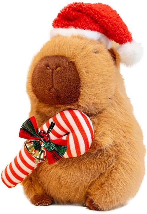 Christmas Capybara Stuffed Animal Plush, 10” Holiday Capybara Peluches with Santa Hat & Candy Cane, Cute Super Soft Funny Christmas Toy Gifts, Capybara Stuff Festive Decorations for Kids Boys Girls