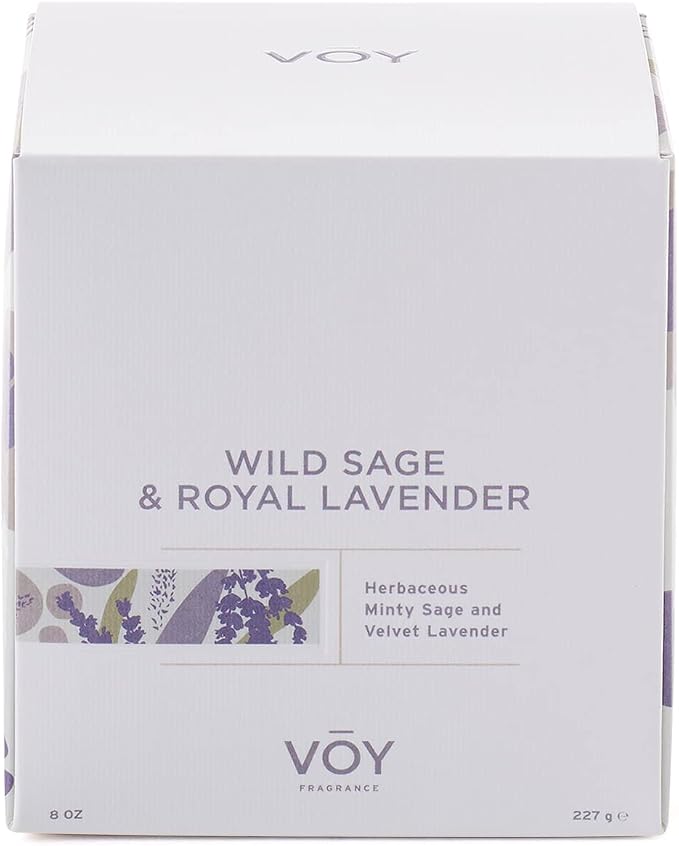 VOY Scented Candle, Herbaceous Minty Wild Sage & Royal Lavender Scent, 55 Hour Burn Time, Blended Soy Candle, High-Fragrance Load, 8 oz Jar Candle, Aromatherapy Candle with Sustainable Gift Packaging