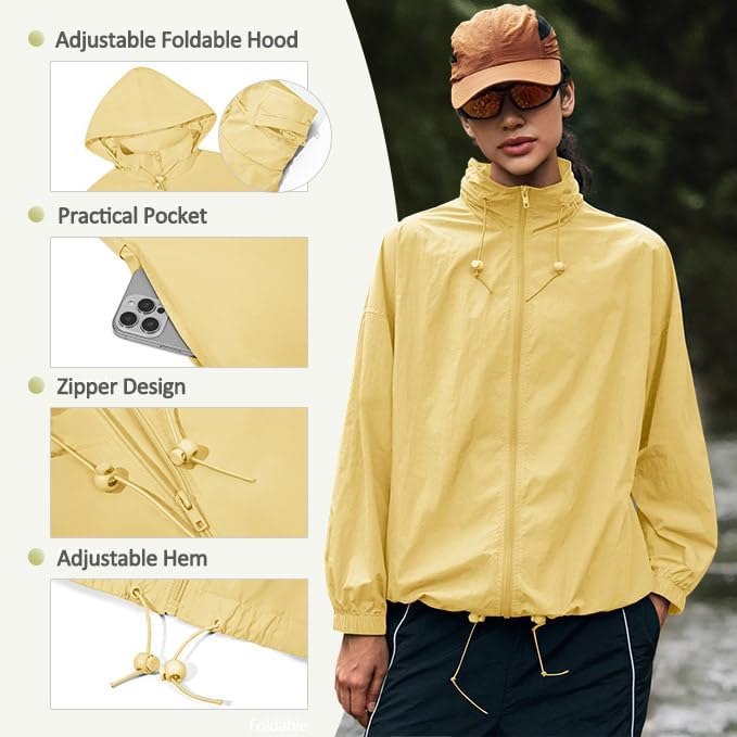 Yousify Womens Waterproof Rain Jackets Lightweight Zip Up Raincoat Outdoor Hiking Hooded Windbreaker with Pocket