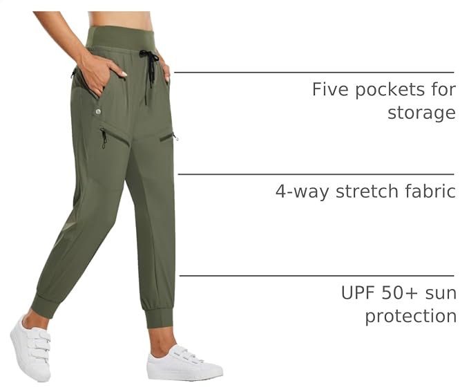 baleaf Womens Lightweight Hiking Pants Water Resistant Quick Dry Joggers with 5 Zipper Pockets UPF 50+ for Travel Hiking