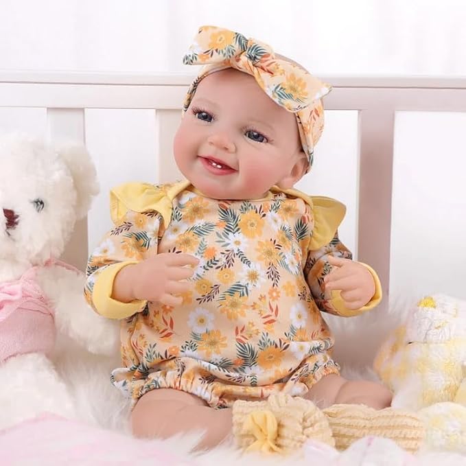BABESIDE 3 Pcs Reborn Baby Doll Clothes for 17-22 Inch Babydolls, Floral Pattern Doll Clothes Onesies with Shoes and Headband for Lifelike Reborn Baby Dolls Accessories, Yellow