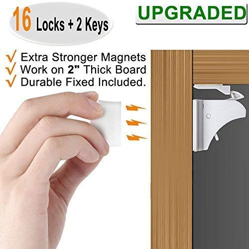 Vmaisi 32 Pack Child Safety Magnetic Cabinet Locks - Children Proof Cupboard Baby Locks Latches - Adhesive for Cabinets & Drawers and Screws Fixed for Protection