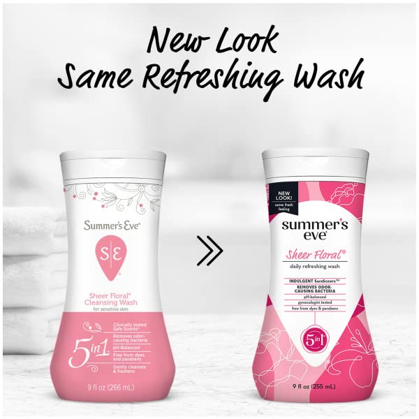 Summer's Eve Sheer Floral Feminine Cleansing Wash, Daily Intimate Wash, Removes Odor, pH Balanced, Gentle for Sensitive Skin, 9 Ounce (Pack of 4)