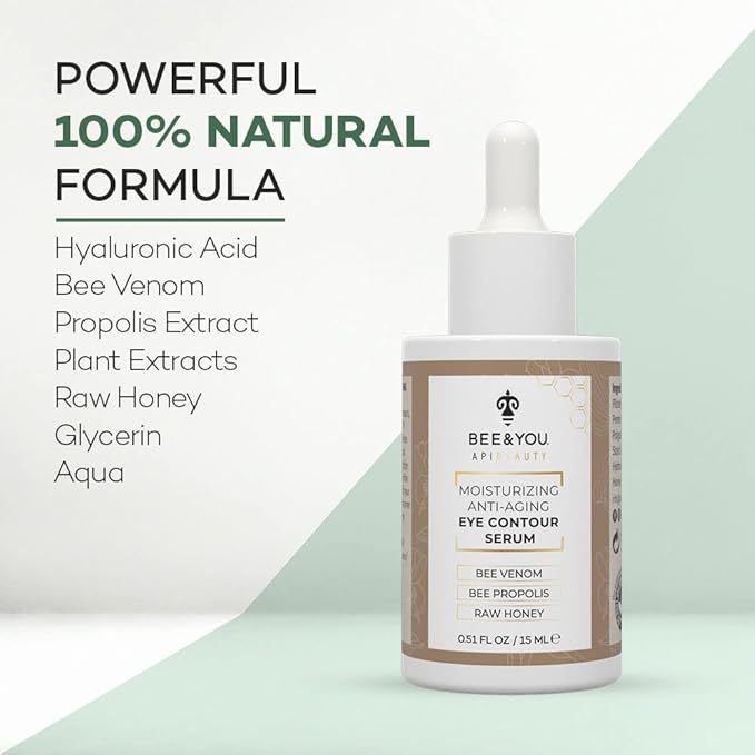 BEE and YOU Eye Serum, Anti Aging, Anti Wrinkle Serum 100% Natural with Bee Venom, Propolis Extract, Raw Honey, Hyaluronic Acid, For Dark Circles Under Eye Treatment and Puffiness, Skin Care, 15ml