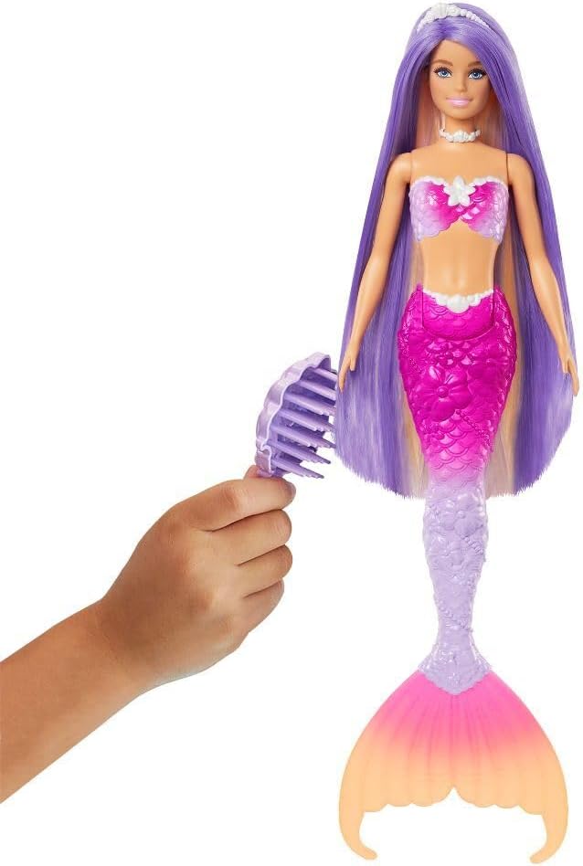 Barbie Mermaid Doll, “Malibu” with Pink Hair, Styling Accessories, Pet Dolphin and Water-Activated Color Change Feature