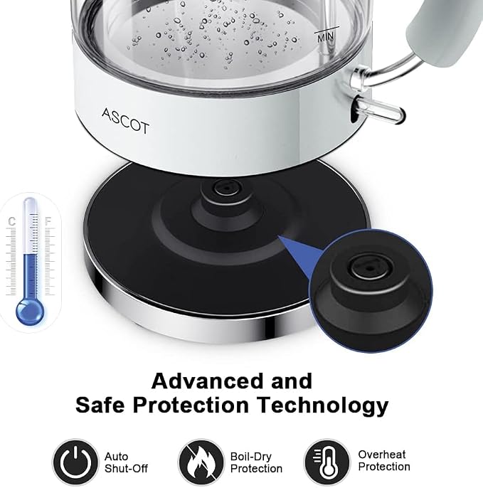 ASCOT Electric Kettle, Glass Electric Tea Kettle Gifts for Men/Women/Family 1.5L 1500W Borosilicate Glass Tea Heater, with Auto Shut-Off and Boil-Dry Protection (Polar White)