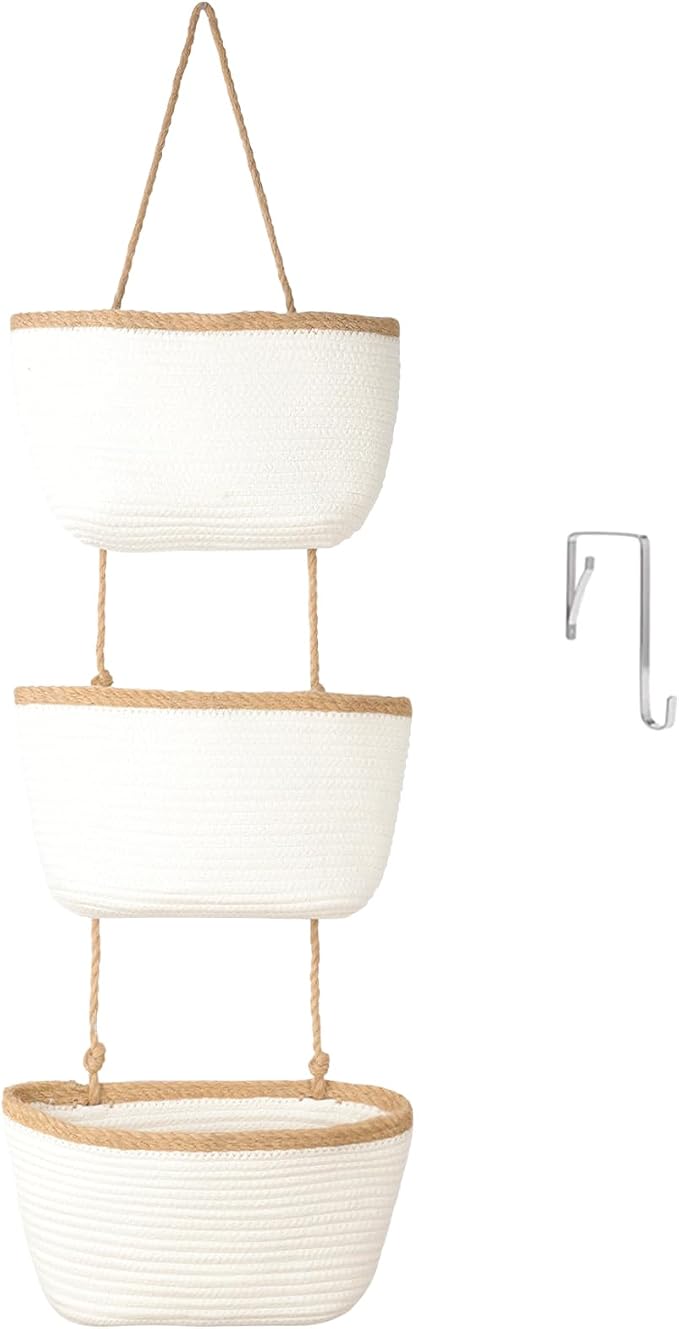 TeoKJ Over the Door Hanging Basket, 3-Tier Woven Cotton Wall-Mounted Storage Organizer Bag Decorative Hanging Nursery Baskets, White & Dark Brown