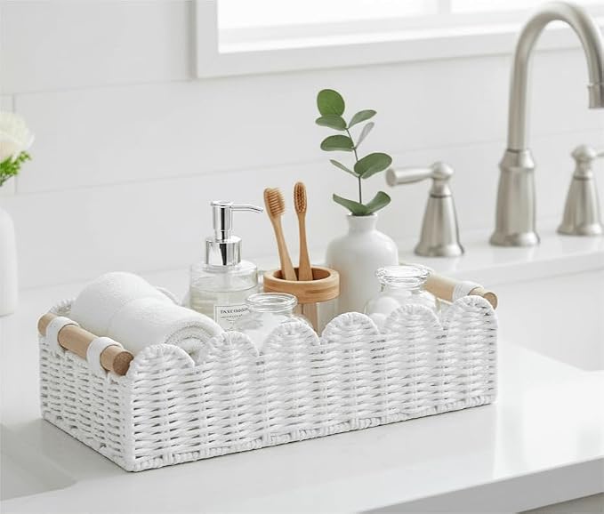 CubesLand Scalloped Toilet Paper Storage Basket W/Handle for Home Decor | Handwoven Toilet Organizer Basket for Countertop, Over Toilet Shelf, End Table, Living Room Cozy Decorative & More, White