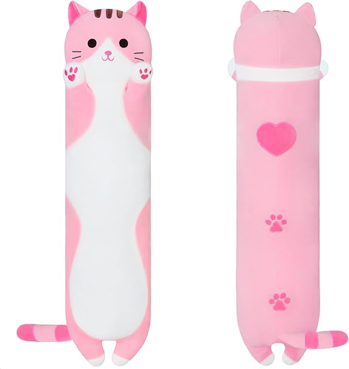 Long Cat Body Pillow for Kids, Cute Cat Stuffed Animals Gifts for Girls, Long Cat Plush Toy for Birthday, Soft Cat Plushies Pillow Without Wings (Pink, 19.6in/50cm)