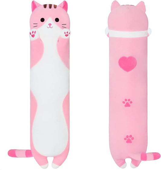 Long Cat Body Pillow for Kids, Cute Cat Stuffed Animals Gifts for Girls, Long Cat Plush Toy for Birthday, Soft Cat Plushies Pillow Without Wings (Pink, 19.6in/50cm)